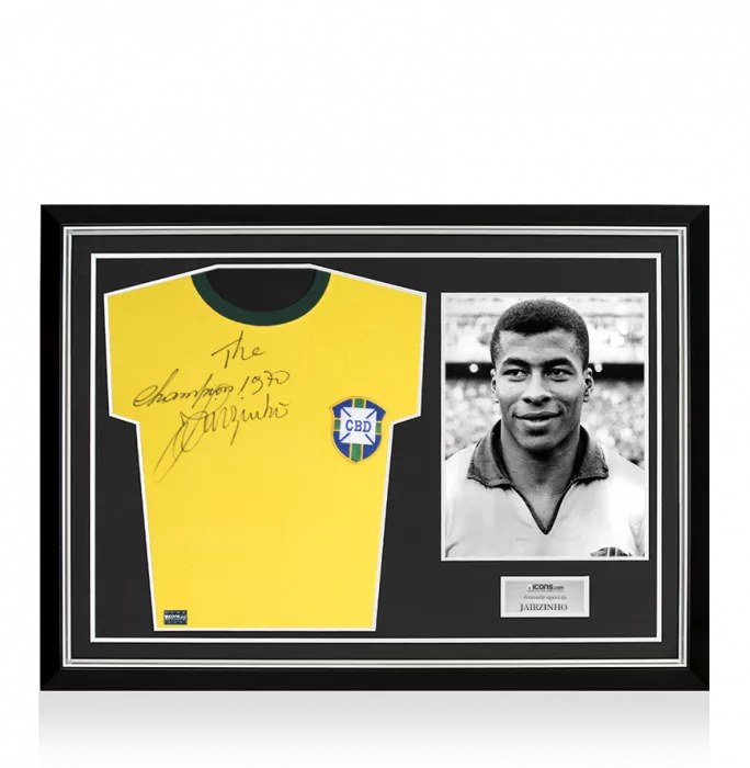 Jairzinho Front Signed Brazil 1970 Home Shirt: "The Champions 1970" Special Edition Home Shirt In Hero Frame: Option 1