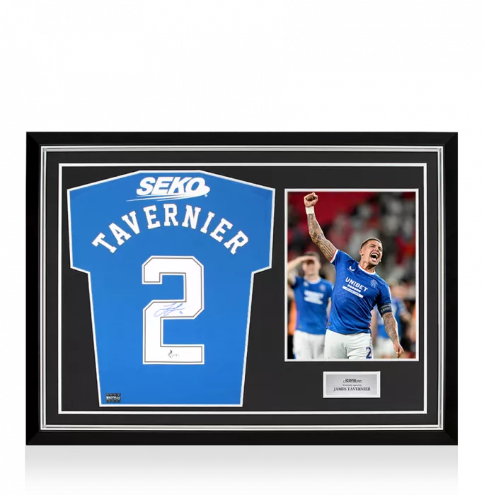 James Tavernier Back Signed Rangers FC 2022-23 Home Shirt In Hero Frame: Option 1