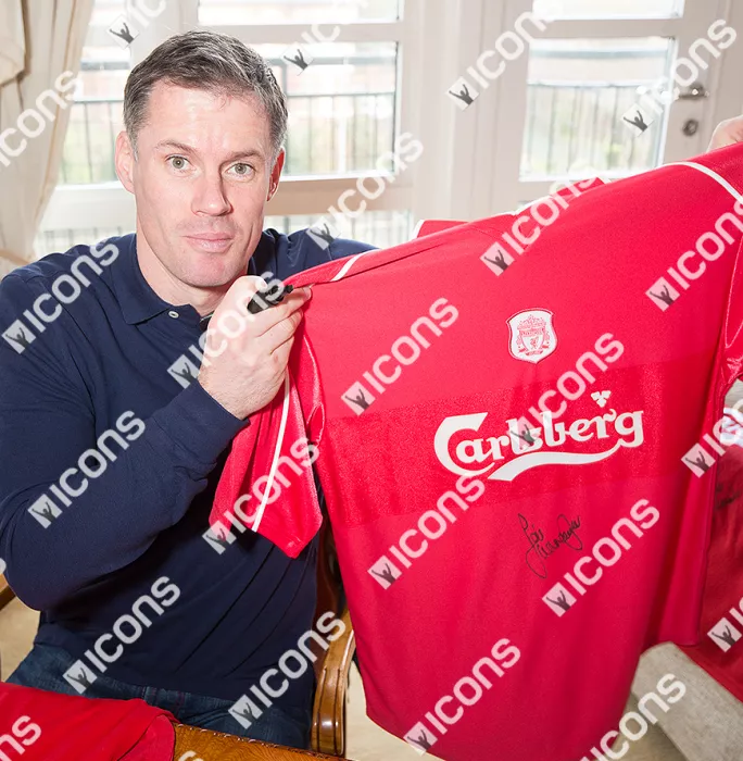 Jamie Carragher Front Signed Liverpool 2000-02 Home Shirt: 2001 Treble Edition