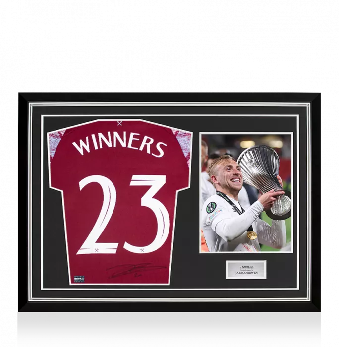 Jarrod Bowen Back Signed West Ham United 2022-23 Home Shirt: 2023 UEFA Europa Conference League Winners Edition In Hero Frame: Option 1