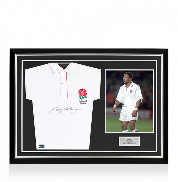 Jason Robinson Front Signed England Home Shirt In Hero Frame: Option 1