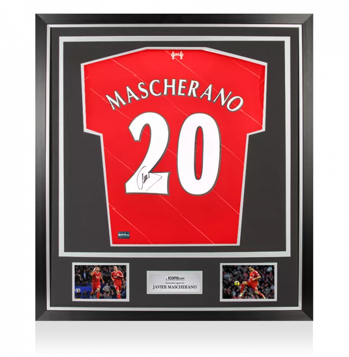 Javier Mascherano Back Signed Liverpool FC 2021-22 Home Shirt with Fan Style Numbers In Classic Frame