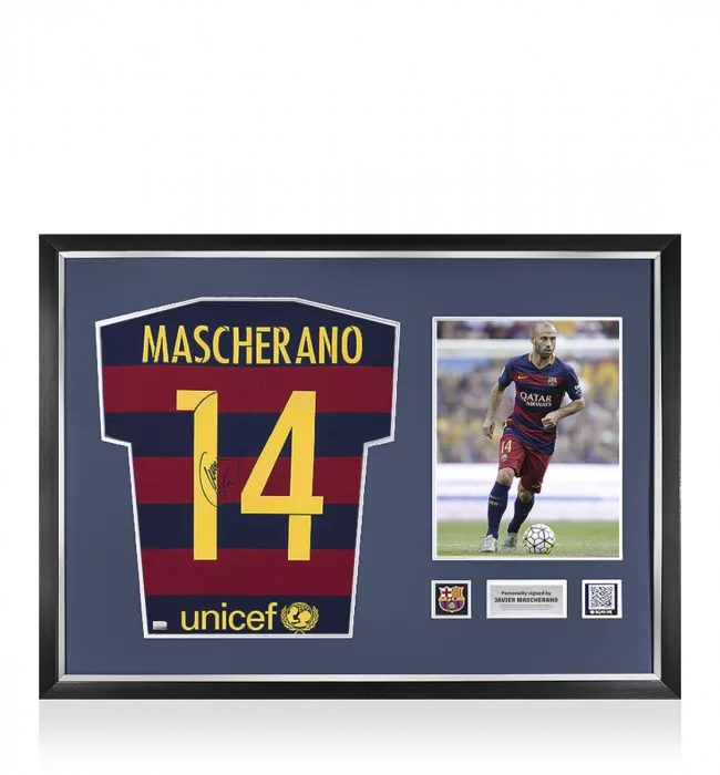 Javier Mascherano Official FC Barcelona Back Signed and Framed 2015-16 Home Shirt