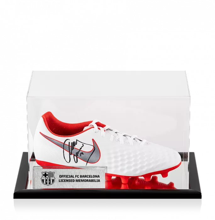 Javier Mascherano Official FC Barcelona Signed White and Red Nike Magista Boot In Acrylic Case