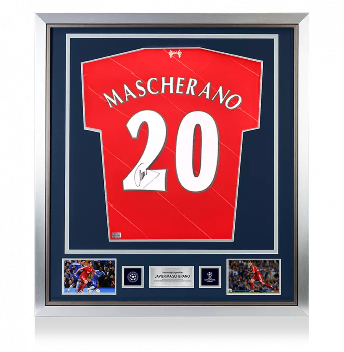 Javier Mascherano Official UEFA Champions League Back Signed and Framed Liverpool FC 2021-22 Home Shirt with Fan Style Numbers