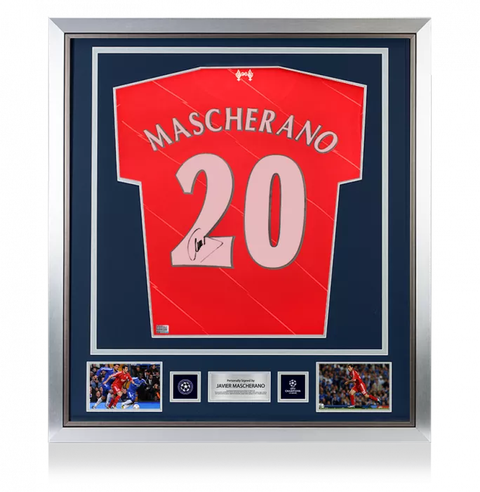 Javier Mascherano Official UEFA Champions League Back Signed and Framed Liverpool FC 2021-22 Home Shirt with Fan Style Numbers