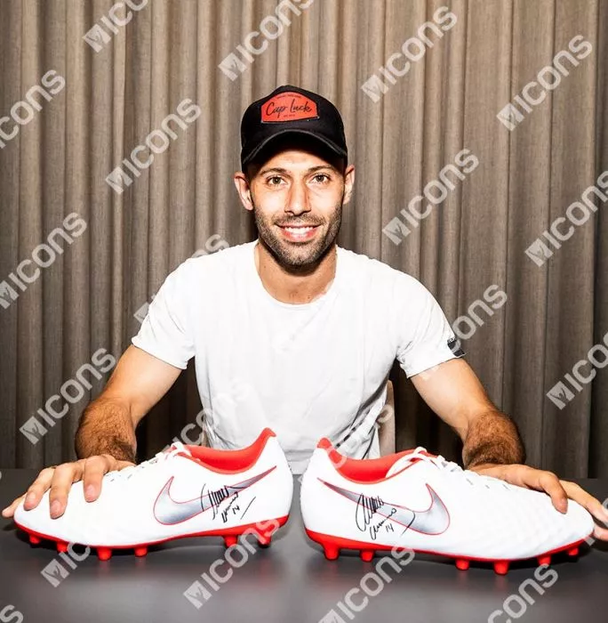 Javier Mascherano Official UEFA Europa League Signed White And Red Nike Magista Boot In Acrylic Case