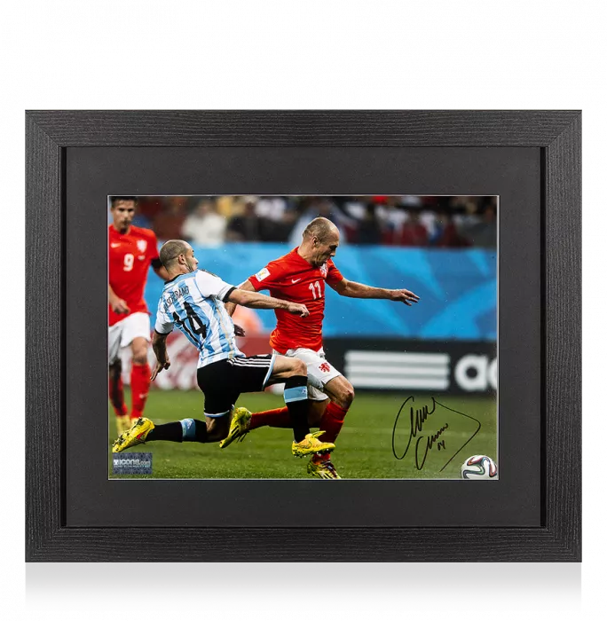 Javier Mascherano Signed Argentina Photo In Black Wooden Frame: Iconic 2014 FIFA World Cup Tackle