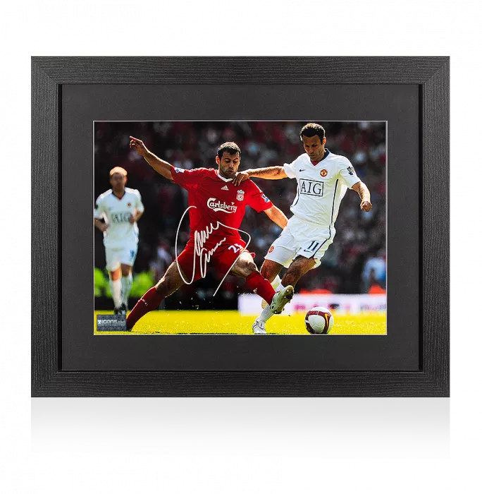 Javier Mascherano Signed Liverpool Photo In Black Wooden Frame: Tackle On Ryan Giggs