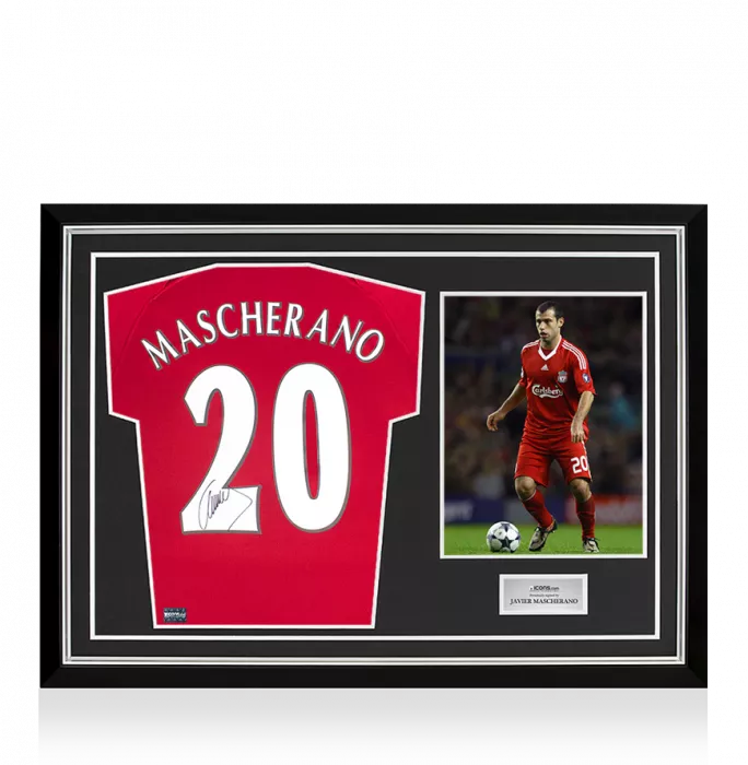 Javier Mascherano Signed Modern Liverpool FC Home Shirt with Fan Style Numbers In Hero Frame: Option 1