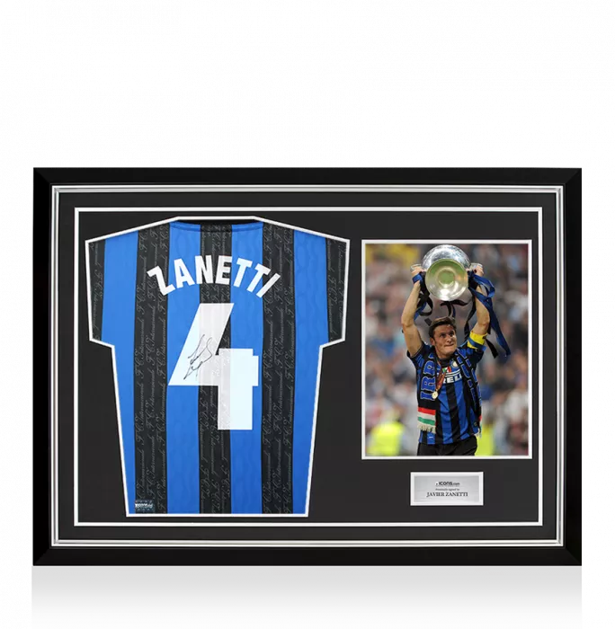 Javier Zanetti Back Signed Internazionale 1997-98 Home Shirt With Fan Style Number In Hero Frame: Option 1