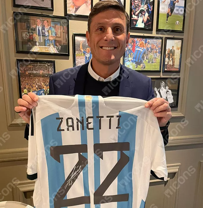 Javier Zanetti Back Signed Modern Argentina 2022-23 Home Shirt With Fan Style Numbers