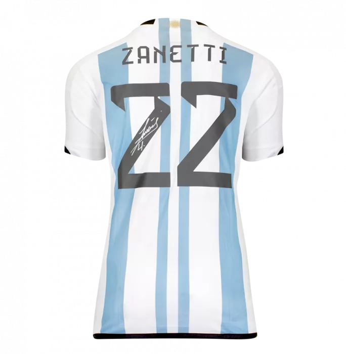 Javier Zanetti Back Signed Modern Argentina 2022-23 Home Shirt With Fan Style Numbers