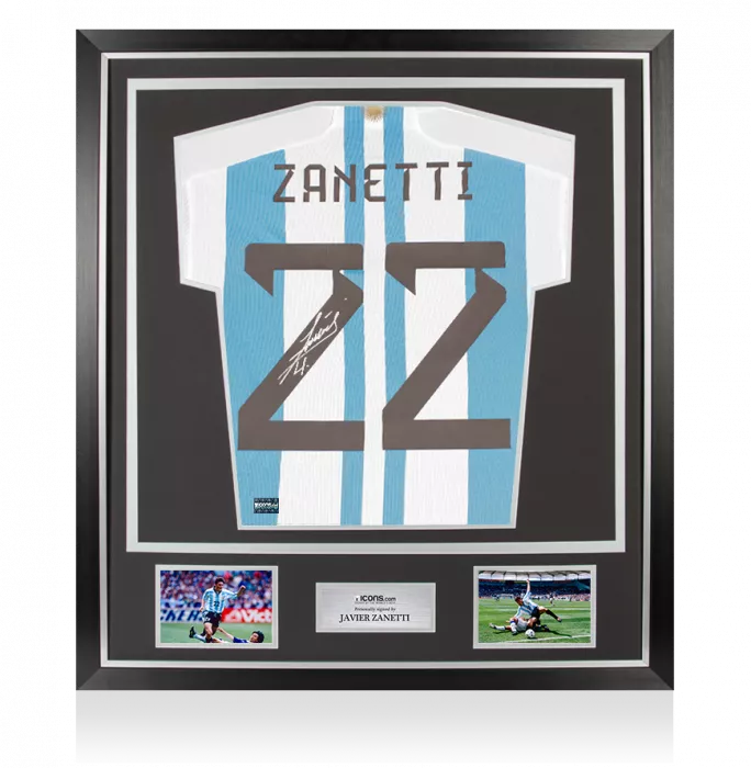 Javier Zanetti Back Signed Modern Argentina 2022-23 Home Shirt With Fan Style Numbers In Classic Frame