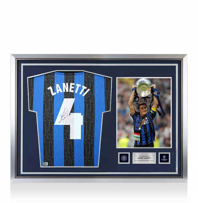 Javier Zanetti Official UEFA Champions League Back Signed and Hero Framed Internazionale 1997-98 Home Shirt With Fan Style Number