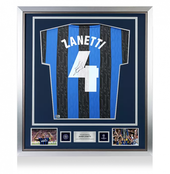 Javier Zanetti Official UEFA Champions League Back Signed and Framed Internazionale 1997-98 Home Shirt With Fan Style Number