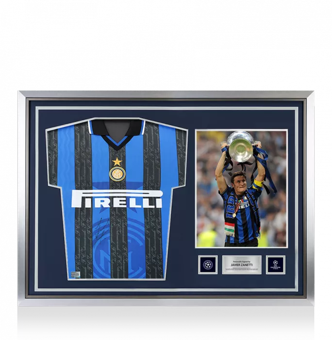 Javier Zanetti Official UEFA Champions League Front Signed and Hero Framed Internazionale 1997-98 Home Shirt