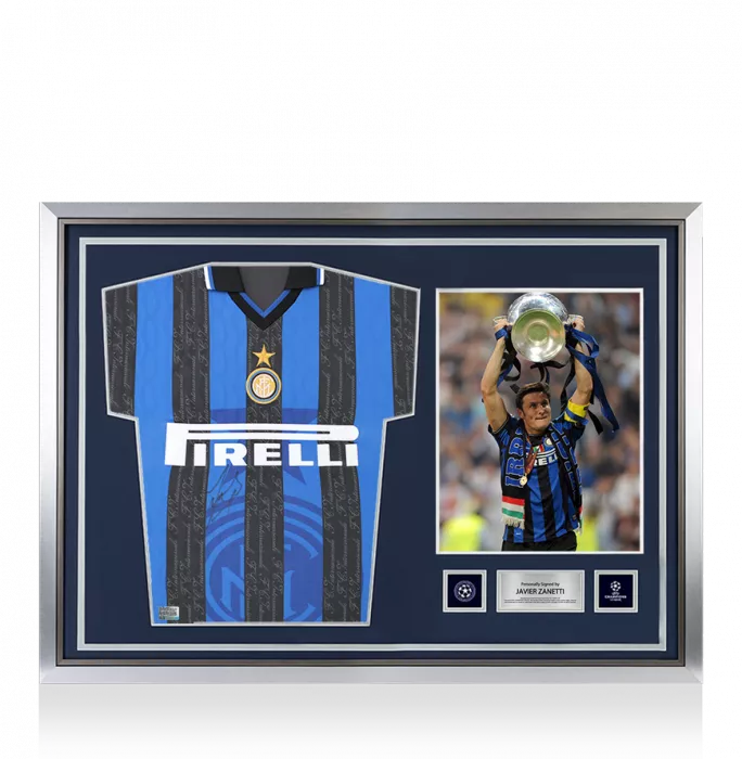 Javier Zanetti Official UEFA Champions League Front Signed and Hero Framed Internazionale 1998 Home Shirt