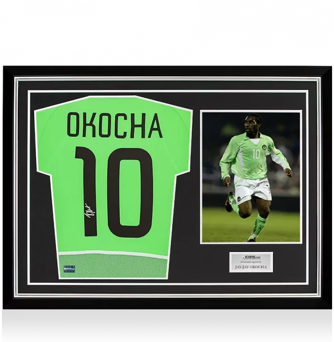 Jay-Jay Okocha Back Signed Nigeria 2002 Home Shirt In Hero Frame: Option 1