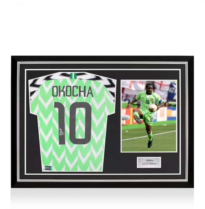 Jay-Jay Okocha Back Signed Nigeria 2018 Home Shirt In Hero Frame: Option 1