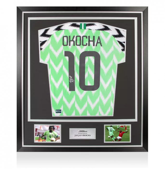 Jay-Jay Okocha Back Signed Nigeria 2018 Home Shirt In Classic Frame