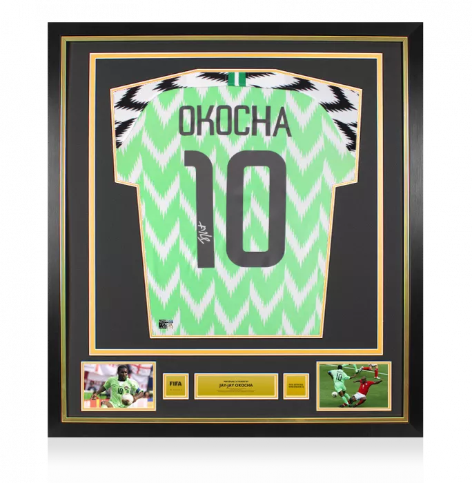 Jay-Jay Okocha Official FIFA World Cup™ Back Signed and Framed Nigeria 2018 Home Shirt