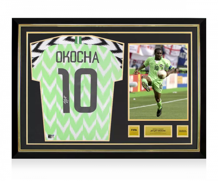Jay-Jay Okocha Official FIFA World Cup™ Back Signed and Hero Framed Nigeria 2018 Home Shirt
