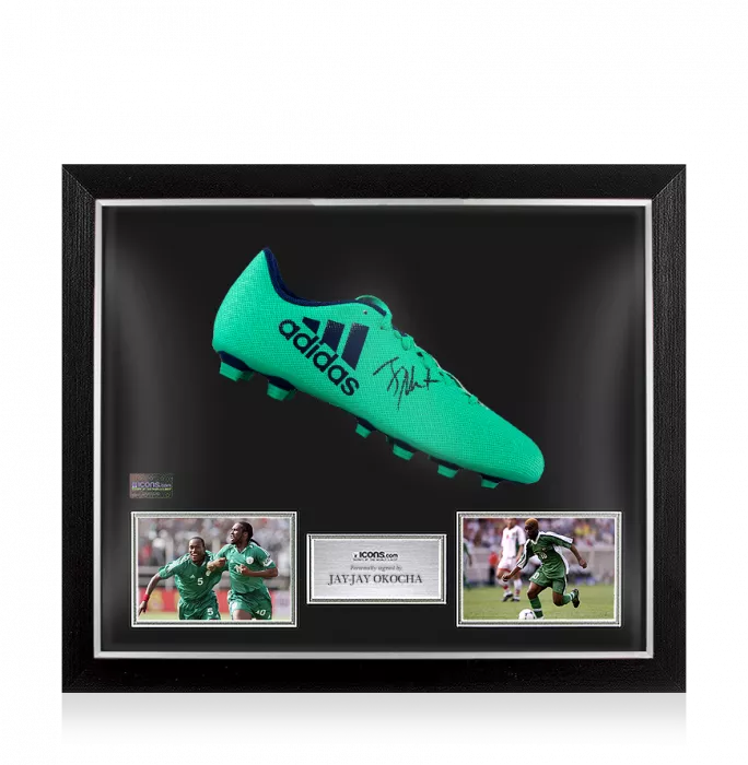 Jay-Jay Okocha Signed Aqua Adidas X 17.4 Boot In Bubble Frame: Option 1