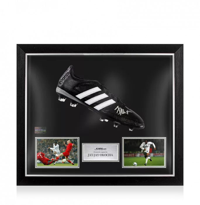 Jay-Jay Okocha Signed Black Retro Adidas Boot In Bubble Frame: Option 1