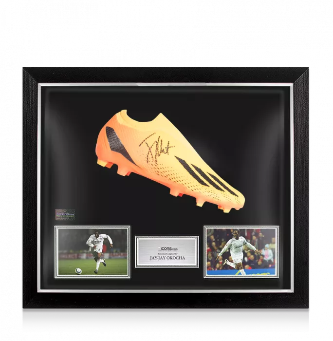 Jay-Jay Okocha Signed Orange Adidas Boot In Bubble Frame: Option 1