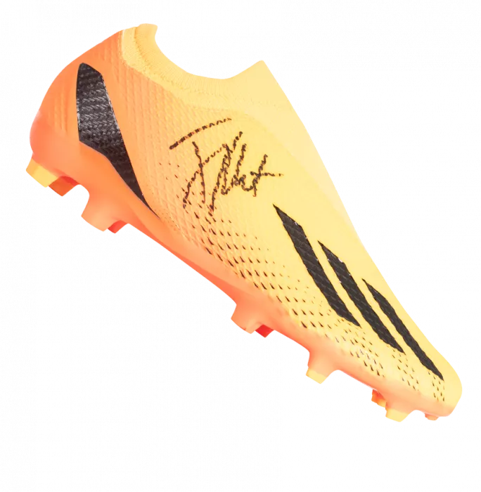 Jay-Jay Okocha Signed Orange Adidas Boot In Deluxe Packaging