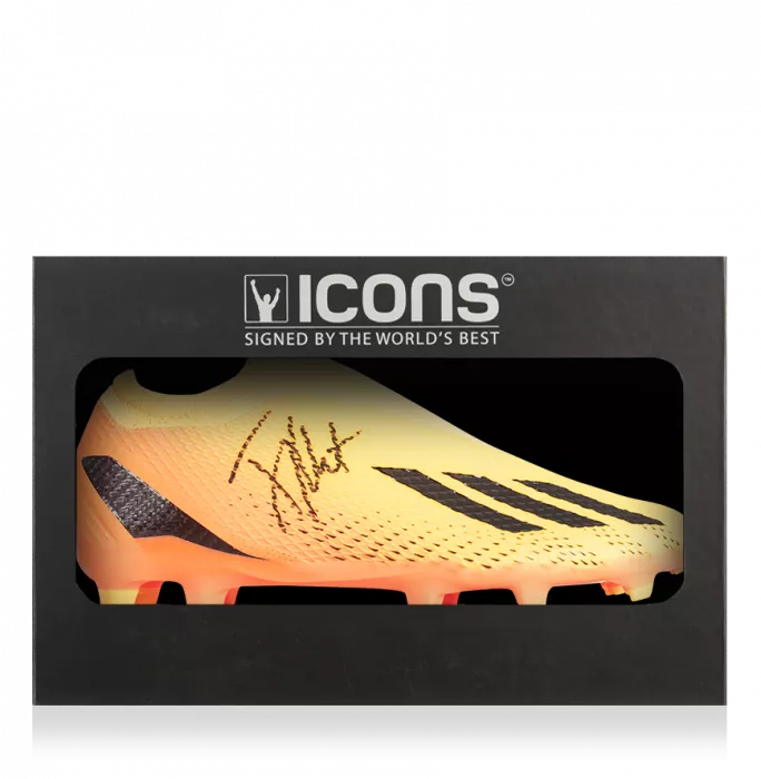 Jay-Jay Okocha Signed Orange Adidas Boot In Deluxe Packaging