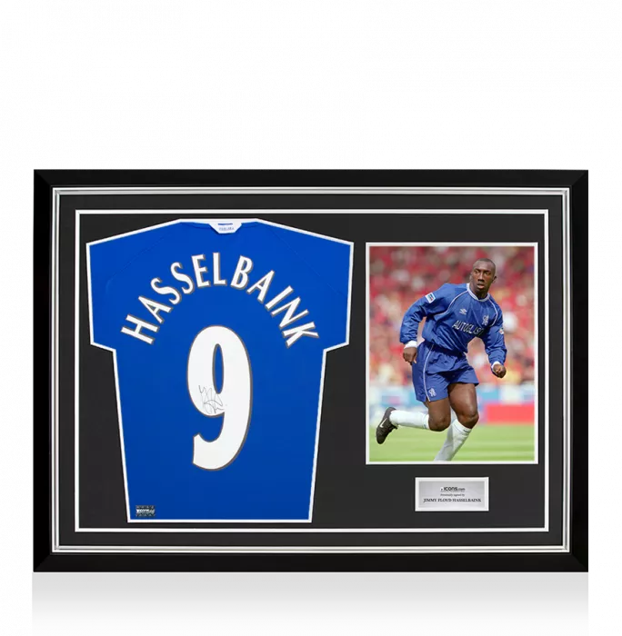 Jimmy Floyd Hasselbaink Back Signed Chelsea 1999-01 Home Shirt With Fan Style Numbers In Hero Frame: Option 1