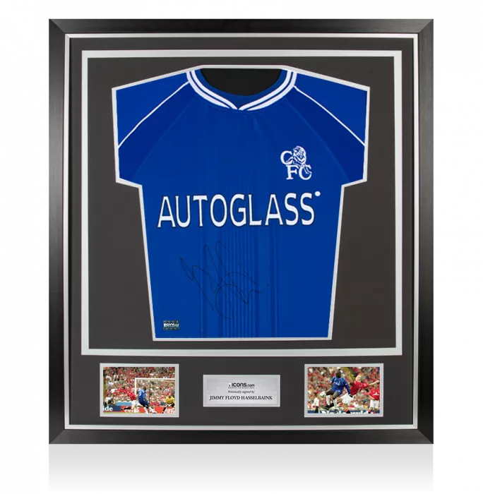 Jimmy Floyd Hasselbaink Front Signed Chelsea 1999-01 Home Shirt: Signed in Black In Classic Frame