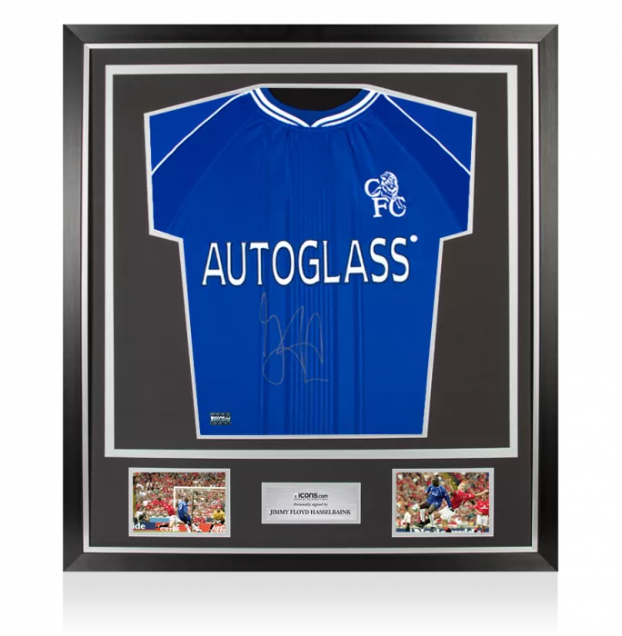 Jimmy Floyd Hasselbaink Front Signed Chelsea 1999-01 Home Shirt: Signed in Silver In Classic Frame