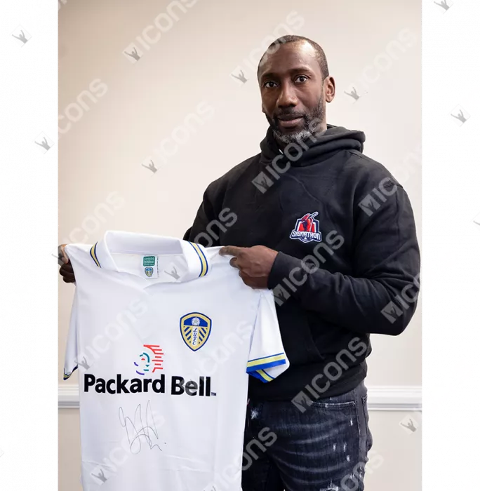 Jimmy Floyd Hasselbaink Front Signed Retro Leeds United Retro Home Shirt In Classic Frame