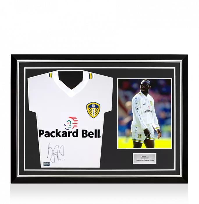 Jimmy Floyd Hasselbaink Front Signed Retro Leeds United Home Shirt In Hero Frame: Option 1