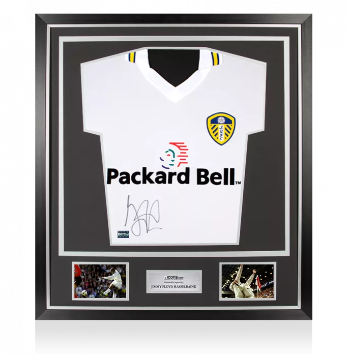 Jimmy Floyd Hasselbaink Front Signed Retro Leeds United Retro Home Shirt In Classic Frame