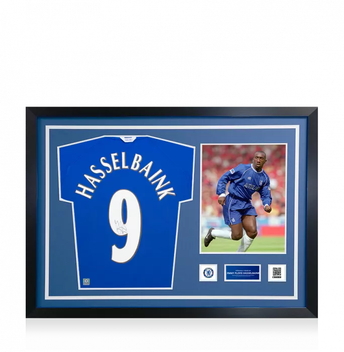 Jimmy Floyd Hasselbaink Official Chelsea FC Signed and Framed 1999-01 Home Shirt With Fan Style Numbers