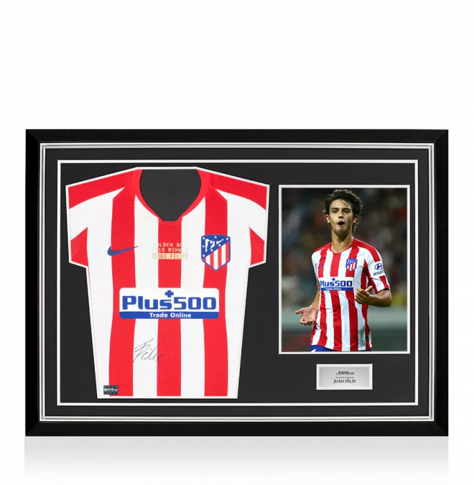 Joao Felix Front Signed Atletico Madrid 2019-20 Home Shirt: European Golden Boy Edition In Hero Frame: Option 1