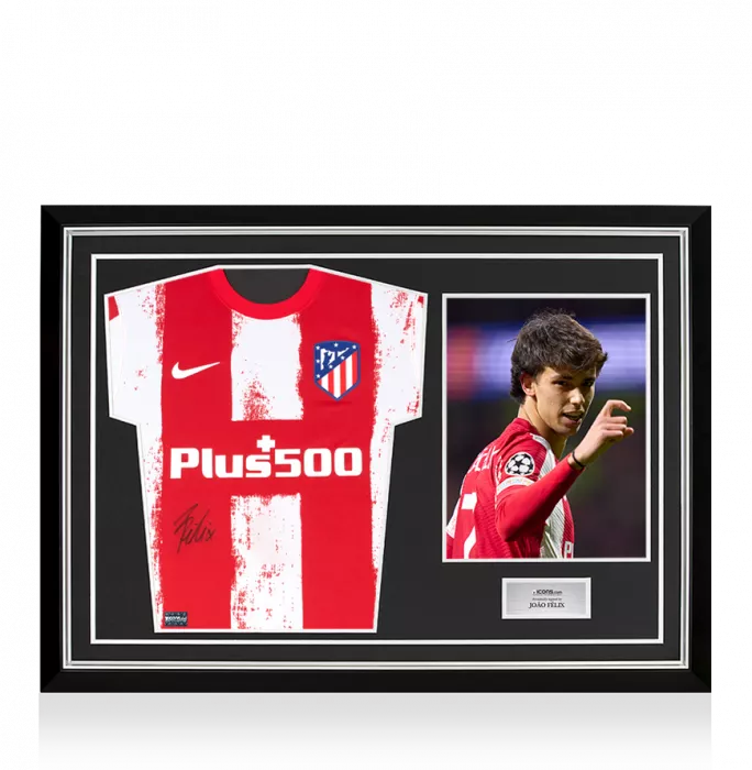 Joao Felix Front Signed Atletico Madrid 2021-22 Home Shirt In Hero Frame: Option 1