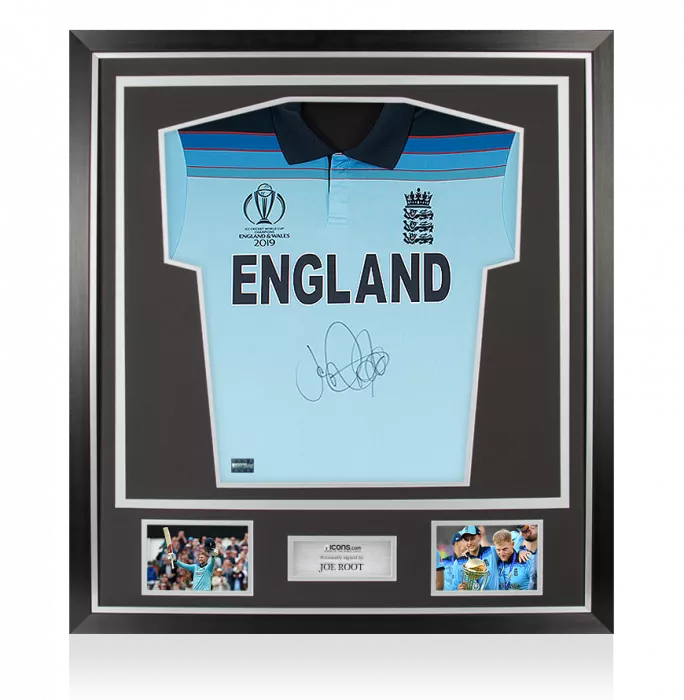 Joe Root Front Signed England Cricket Shirt In Classic Frame: 2019 ICC Cricket World Cup Special Edition