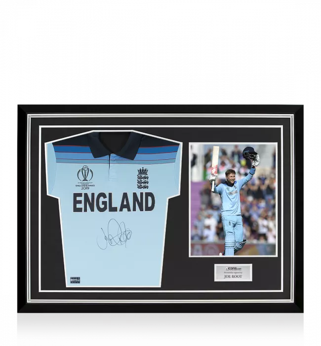 Joe Root Front Signed England Cricket Shirt In Hero Frame: 2019 ICC Cricket World Cup Special Edition
