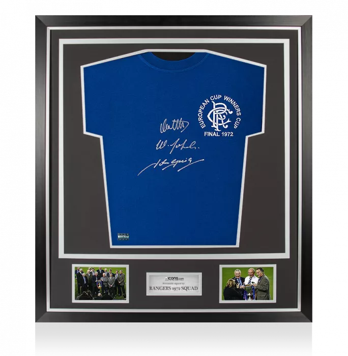John Greig Colin Stein & Willie Johnston Signed Rangers Shirt In Classic Frame: 1972 European Cup Winners' Cup Edition