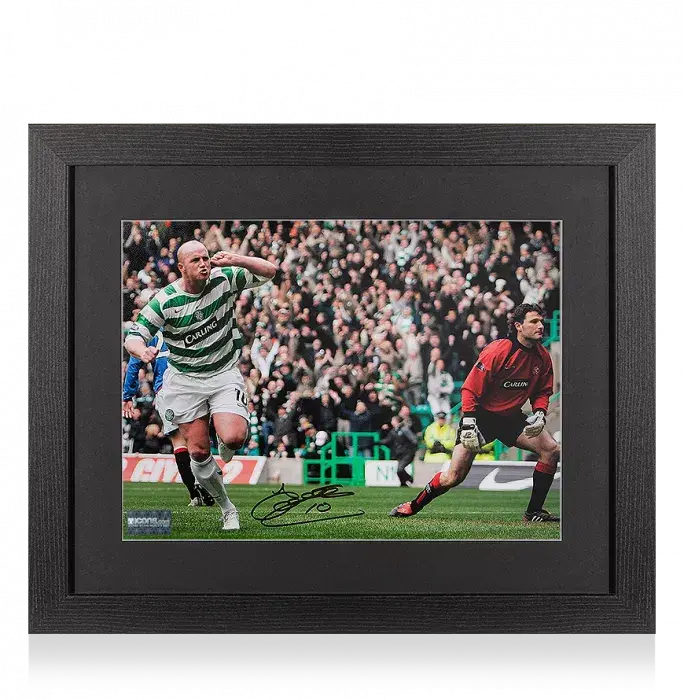 John Hartson Signed Celtic Photo In Black Wooden Frame: Glasgow Derby Winner