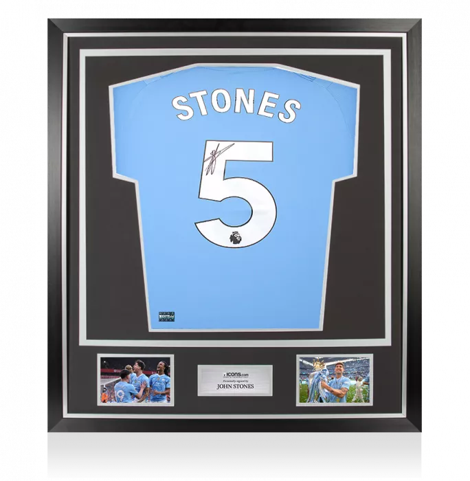 John Stones Back Signed Manchester City 2023-24 Home Shirt In Classic Frame