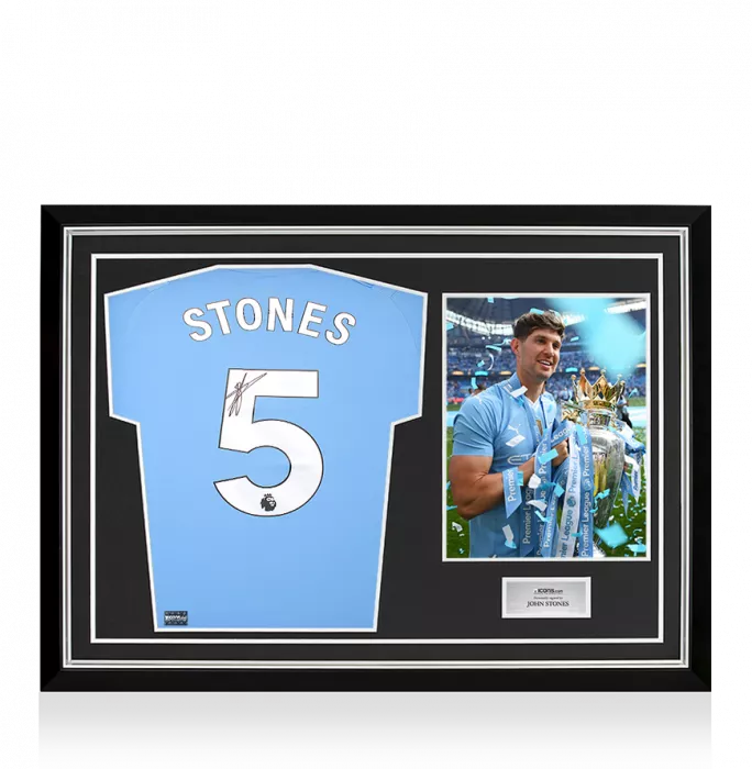 John Stones Back Signed Manchester City 2023-24 Home Shirt In Hero Frame: Option 1