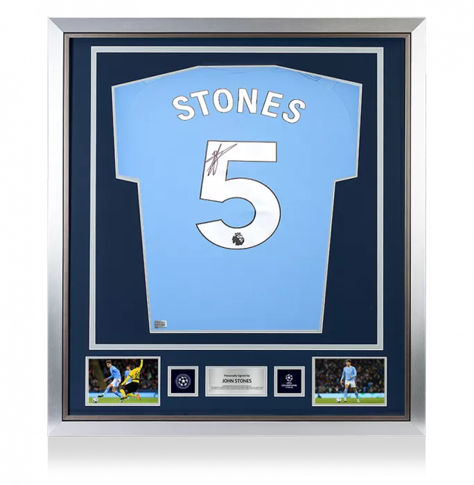 John Stones Official UEFA Champions League Back Signed And Framed Manchester City 2023-24 Home Shirt
