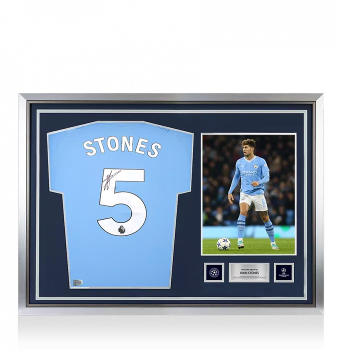 John Stones Official UEFA Champions League Back Signed and Hero Framed Manchester City 2023-24 Home Shirt
