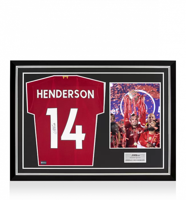 Jordan Henderson Back Signed Liverpool 2019-20 Home Shirt With Fan Style Numbers Home Shirt In Hero Frame: Option 1